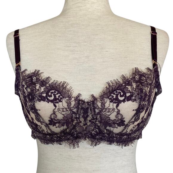 NEW SKARLETT BLUE Sheer Lace Balconette Bra Purple Size 36B Adjustable - Picture 1 of 6
